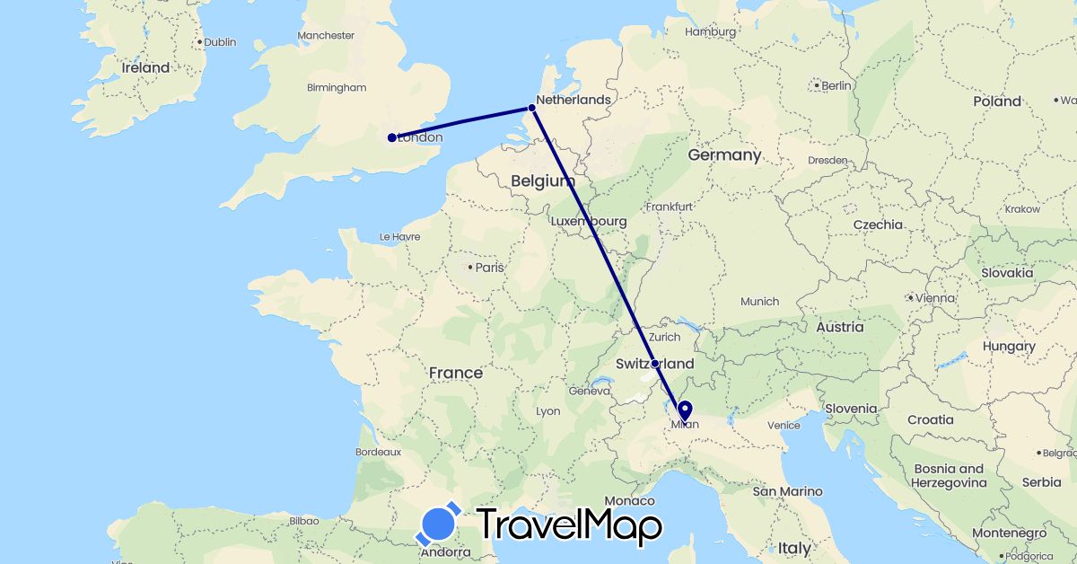 TravelMap itinerary: driving in Switzerland, United Kingdom, Italy, Netherlands (Europe)
